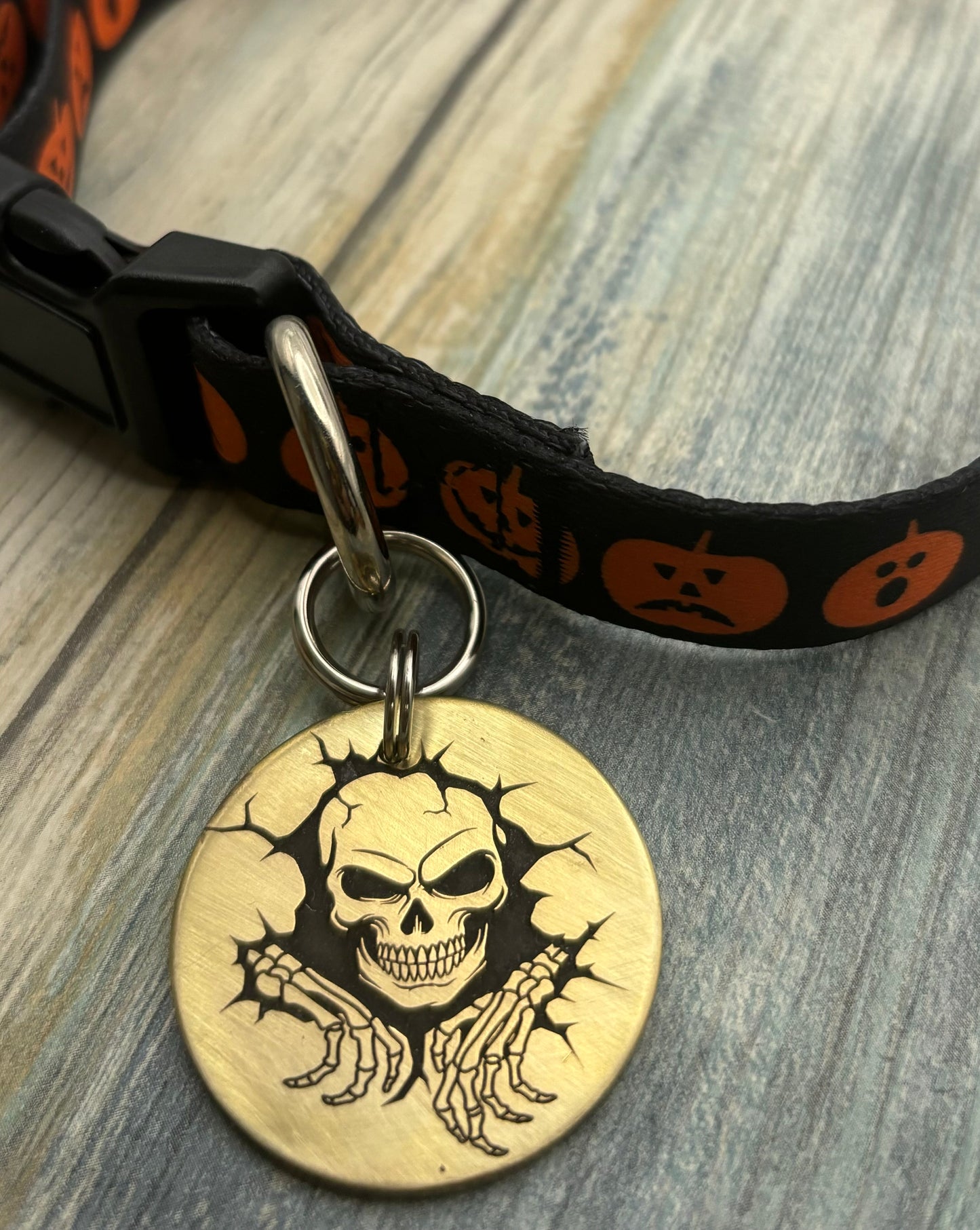 Skull breaking through wall pet id tag