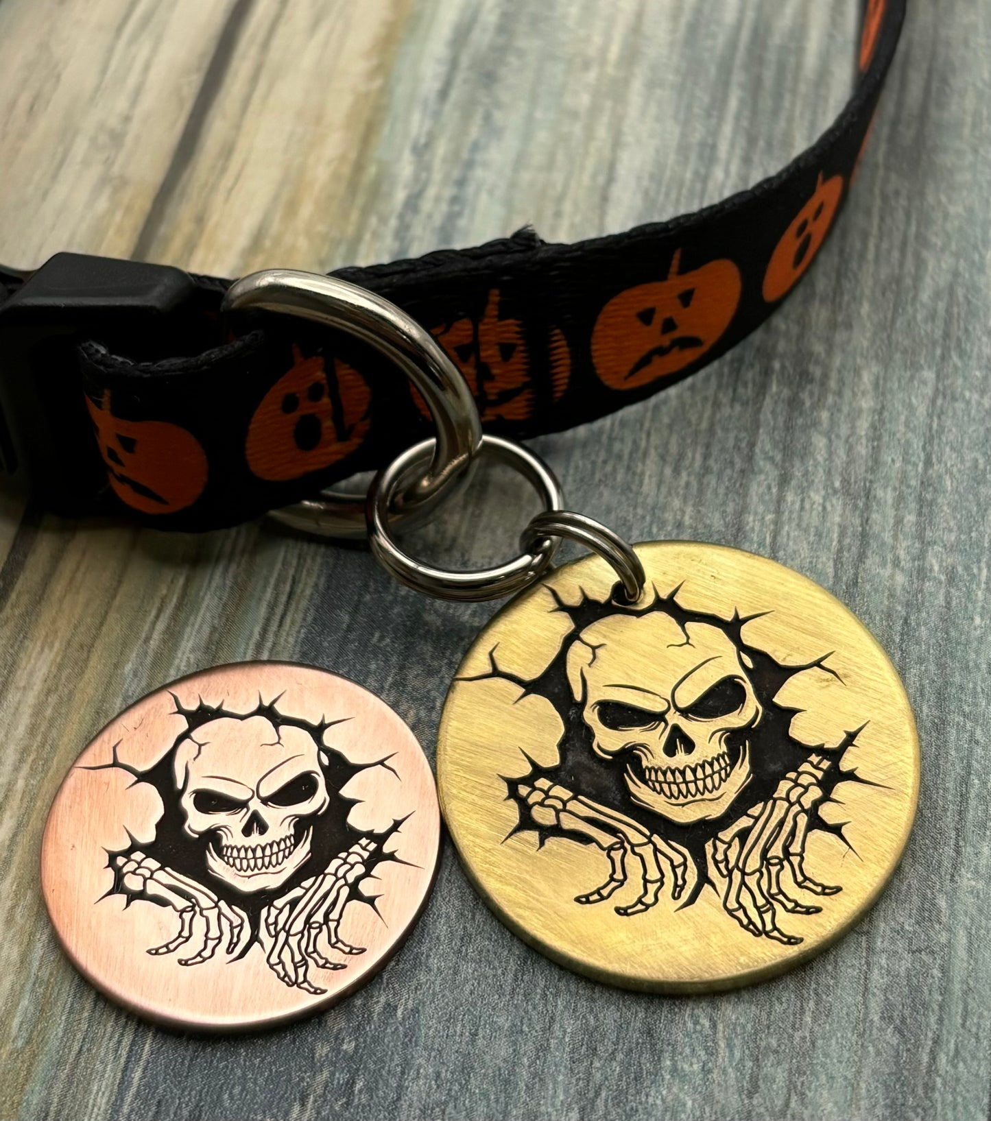 Skull breaking through wall pet id tag