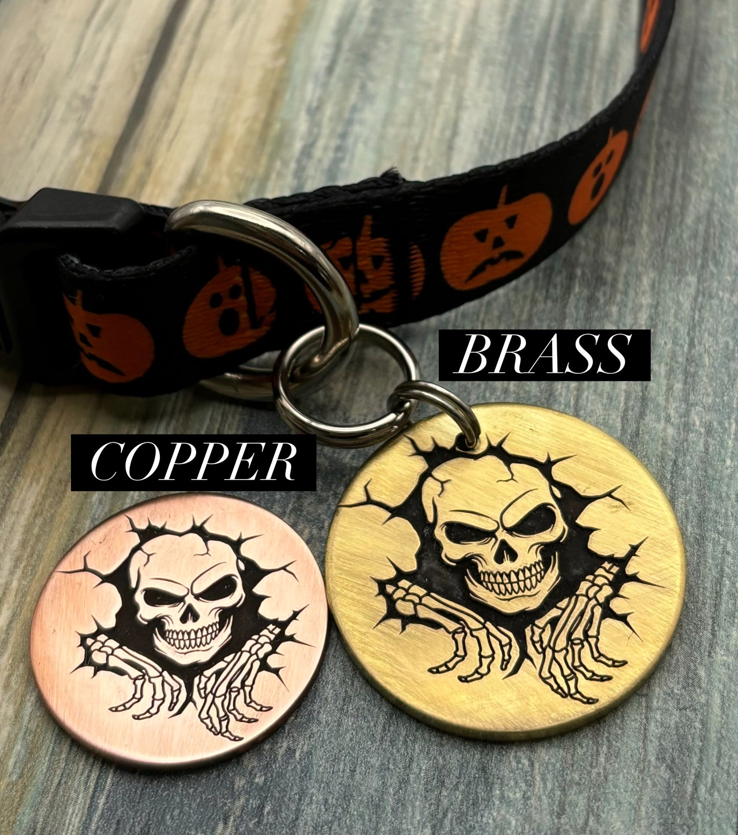 Skull breaking through wall pet id tag