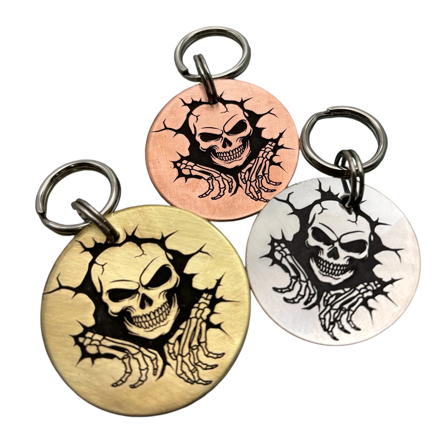 Skull breaking through wall pet id tag